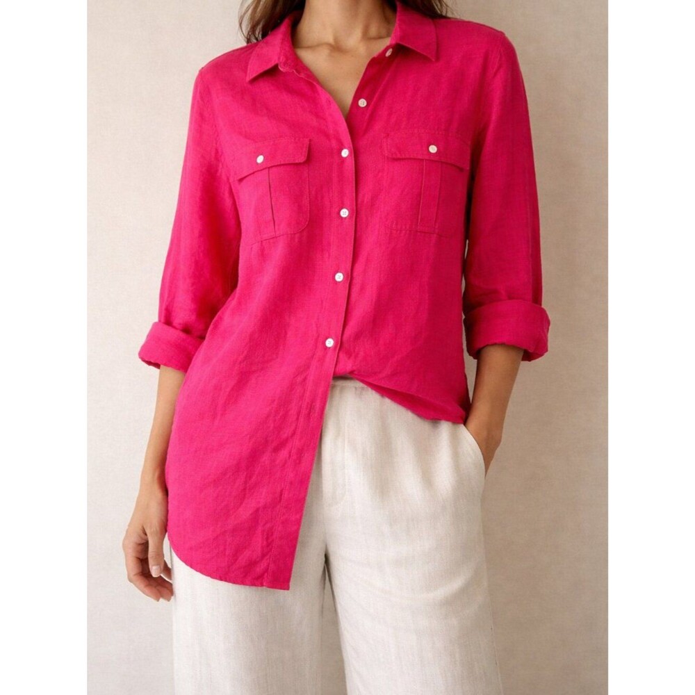 Chico's Petites no iron Size 1/M Linen button shirt 3/4 sleeve pink